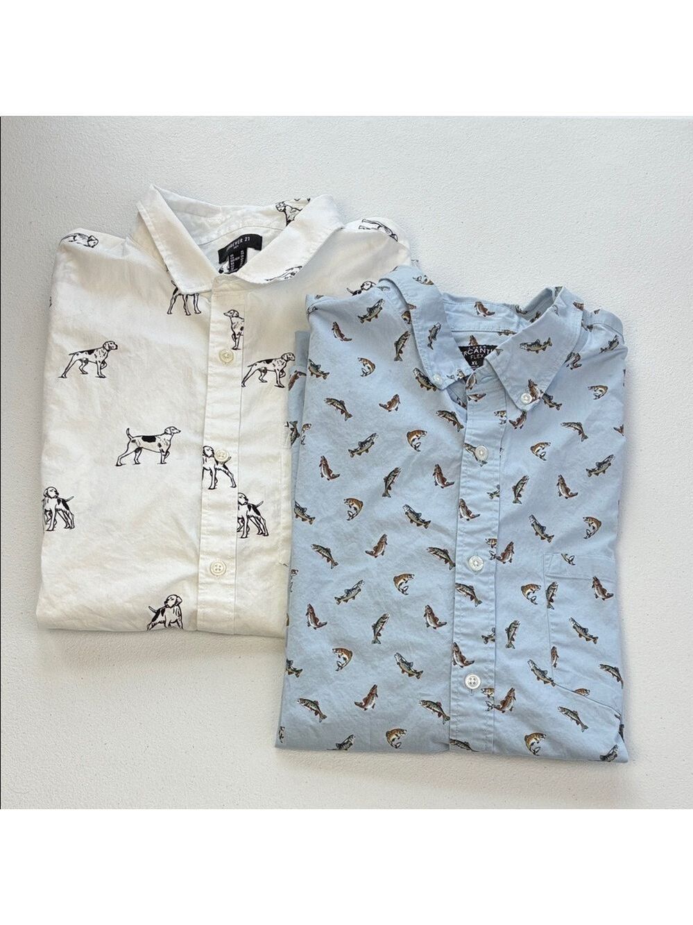 2 for $35 Trout Dog Button Down Shirts J. Crew Forever 21 White/Blue Animal XL